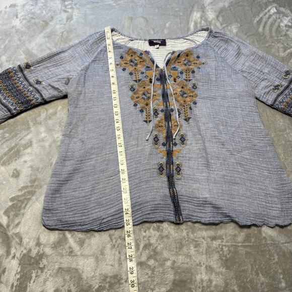 Johnny Was Chambray Floral Embroidered Top Bell Sleeve Boho Size Large Women's - Picture 7 of 14